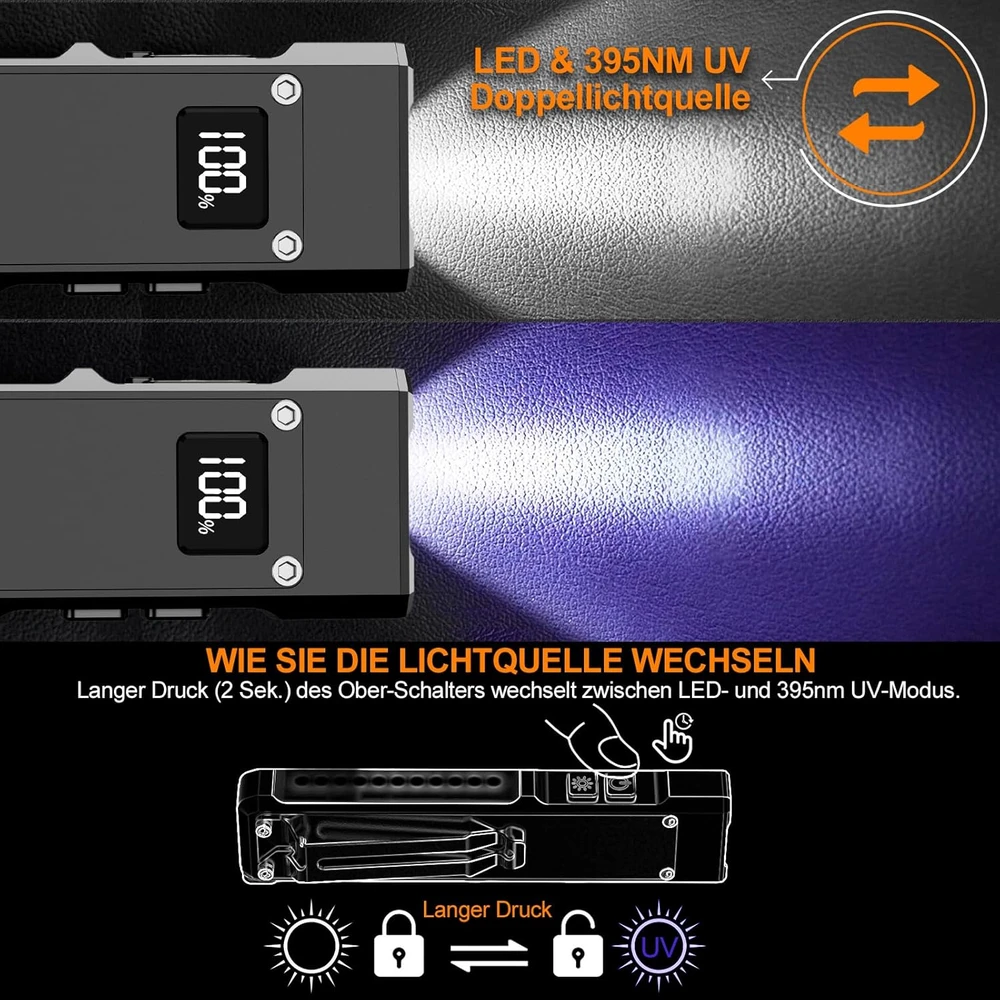 Relybo LED žibintuvėlis su UV 395 nm, 9 režimai, įkraunamas, IPX6 atsparumas vandeniui, FP110