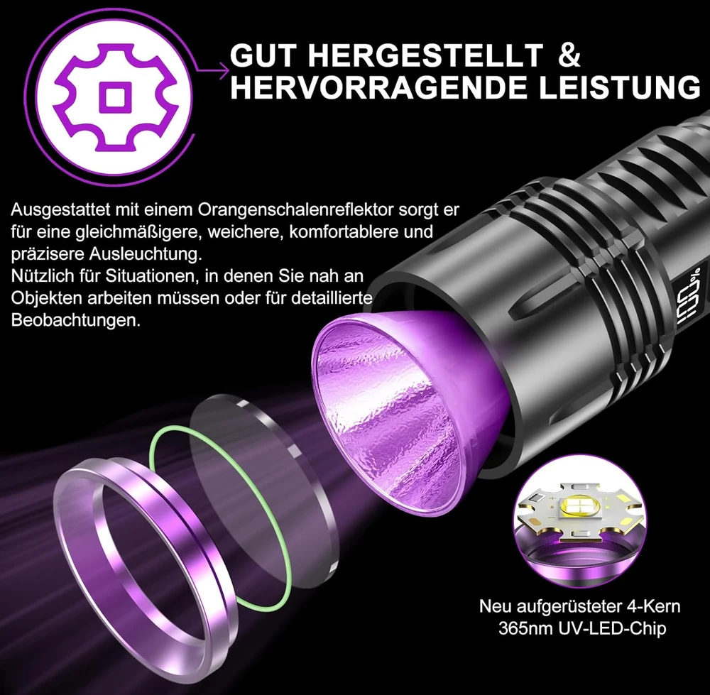 Relybo UV prožektorius 365 nm, 30 W su LCD ekranu, USB-C įkrovimu ir bepakopiu ryškumo reguliavimu, Relybo-P8-DE