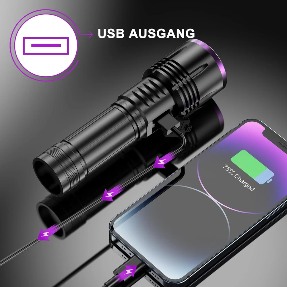 Relybo UV prožektorius 365 nm, 30 W su LCD ekranu, USB-C įkrovimu ir bepakopiu ryškumo reguliavimu, Relybo-P8-DE