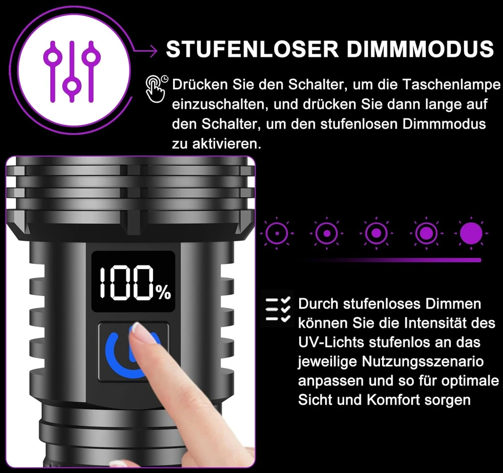 Relybo UV prožektorius 365 nm, 30 W su LCD ekranu, USB-C įkrovimu ir bepakopiu ryškumo reguliavimu, Relybo-P8-DE