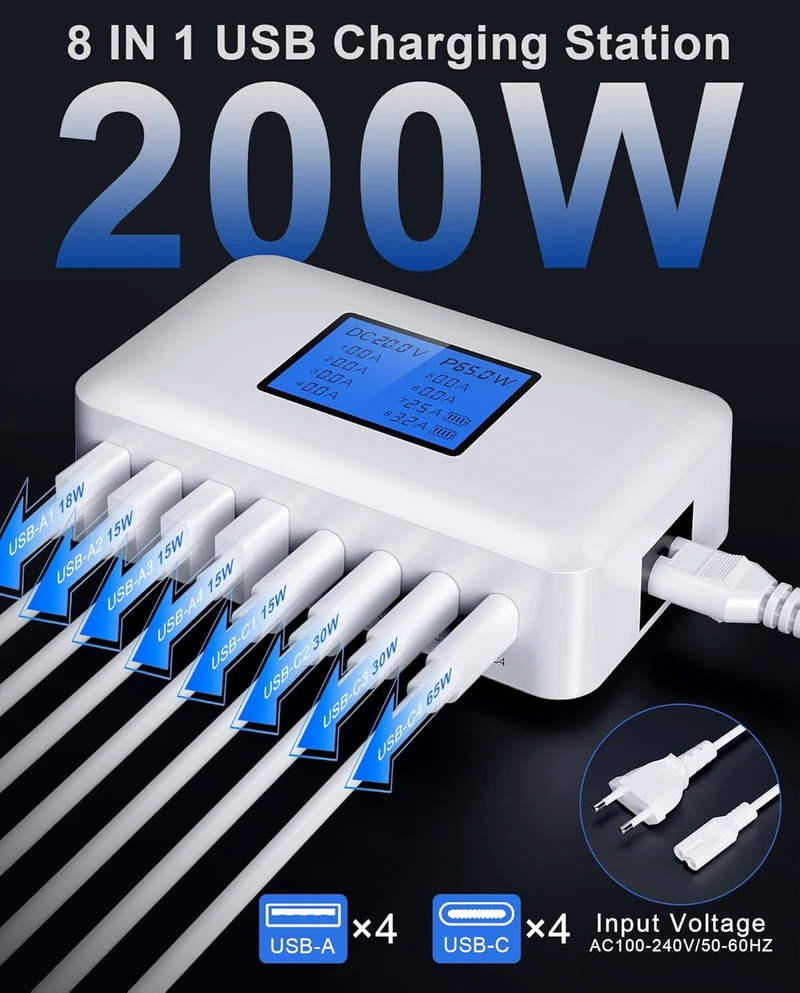 RENGOGA daugiafunkcis USB-C įkroviklis, 200 W, 8 portai (4 x USB-C, 4 x USB-A), LCD ekranas