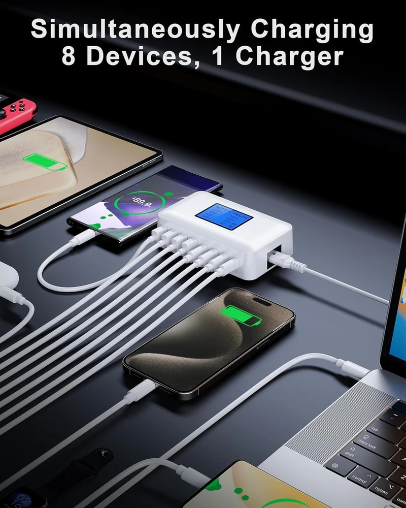 RENGOGA daugiafunkcis USB-C įkroviklis, 200 W, 8 portai (4 x USB-C, 4 x USB-A), LCD ekranas
