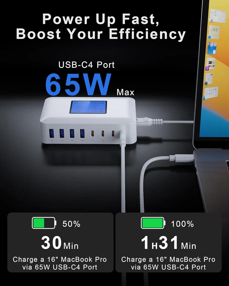 RENGOGA daugiafunkcis USB-C įkroviklis, 200 W, 8 portai (4 x USB-C, 4 x USB-A), LCD ekranas