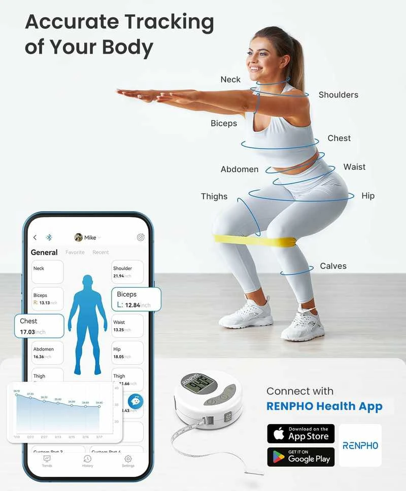RENPHO Išmanioji „Bluetooth“ skaitmeninė kūno matavimo juosta