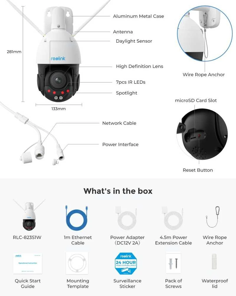 Reolink 4K Wi-Fi 6 lauko apsaugos kamera su PTZ, 5x optinis priartinimas, RLC-823S1 W