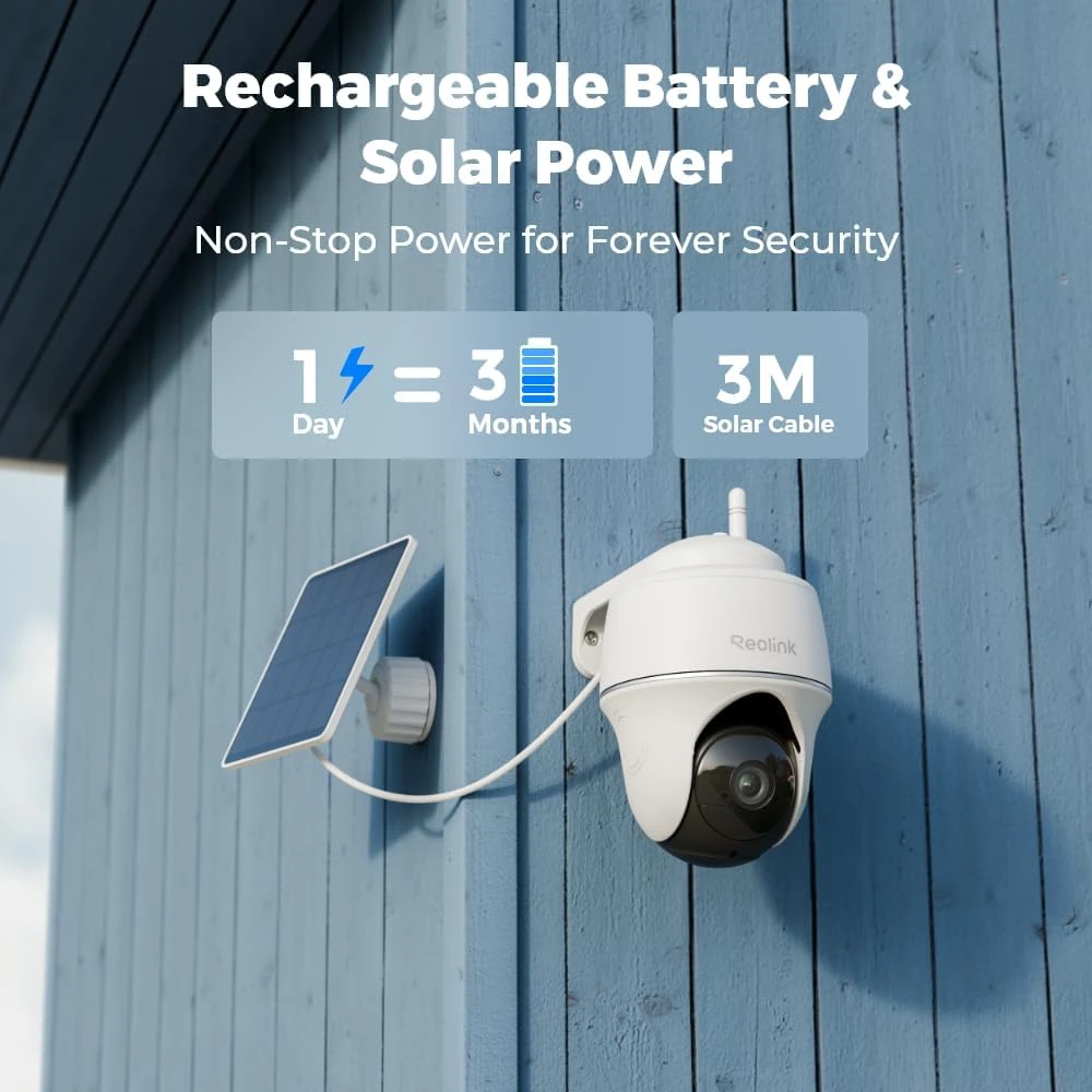 Reolink belaidė išorinė stebėjimo kamera Wi-Fi, 3 MP, saulės baterija, sukiojama, Argus PT Lite
