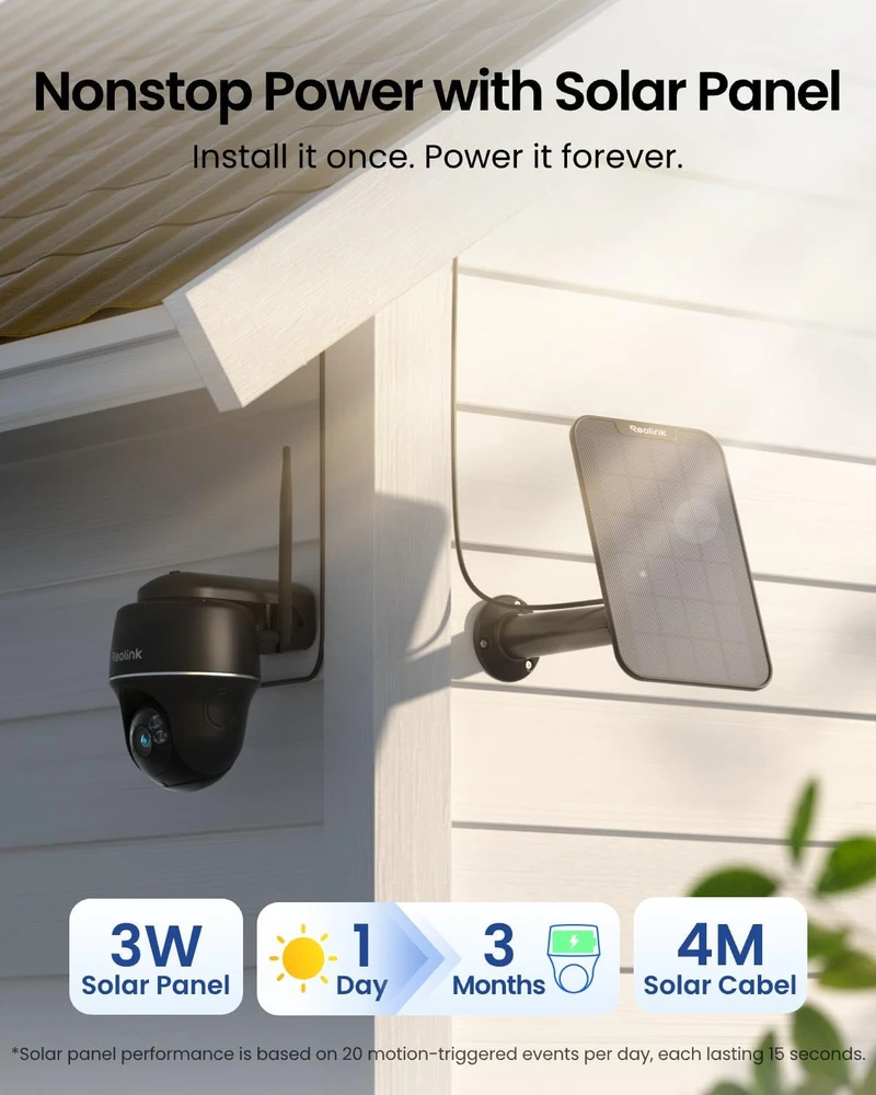Reolink belaidė saulės energija maitinama IP saugumo kamera 5 MP, pasukama 355°, Wi-Fi 2.4/5 GHz, Argus PT+SP-B
