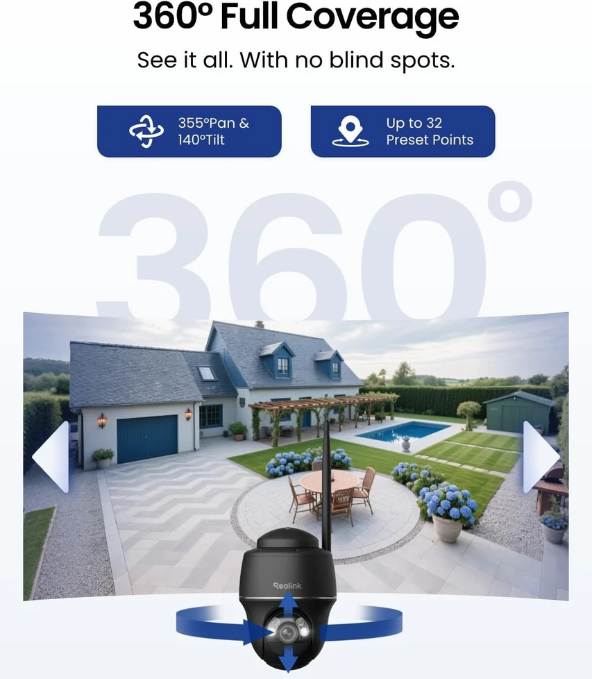 Reolink belaidė saulės energija maitinama IP saugumo kamera 5 MP, pasukama 355°, Wi-Fi 2.4/5 GHz, Argus PT+SP-B