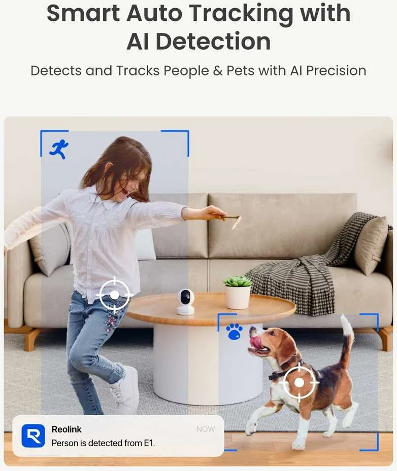 Reolink E1 4MP Wi-Fi vidaus IP stebėjimo kamera su PTZ ir dvipusiu garsu
