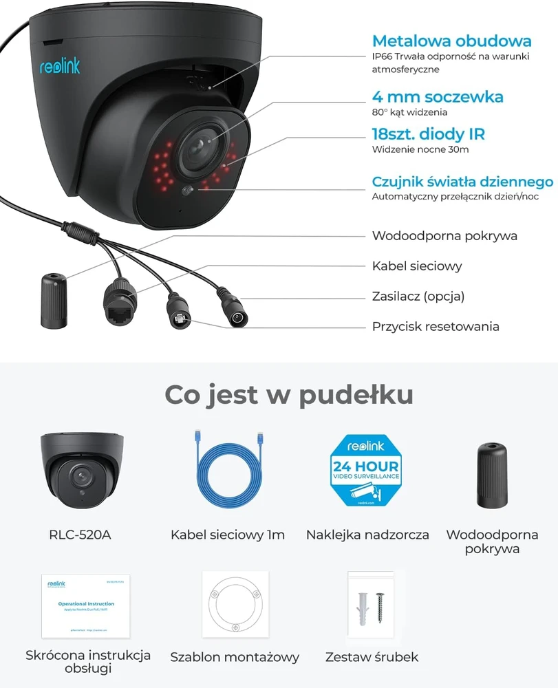 Reolink išorinė IP vaizdo stebėjimo kamera PoE, 5 MP, naktinis matymas, garso įrašymas, RLC-520A-B