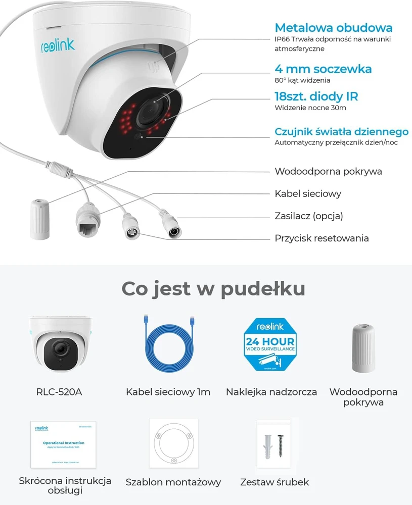 Reolink | IP kamera | RLC-520A | Kupolas | 5 MP | Fiksuotas objektyvas | Maitinimas per Ethernet (PoE) | IP66 | H.264 | „MicroSD“ (maks. 256 GB) | Baltas