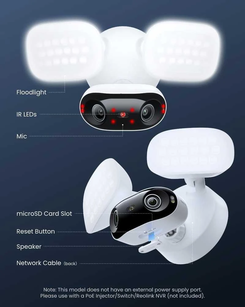 Reolink lauko PoE vaizdo stebėjimo kamera, 16 MP, 180° kampas, 2800 lm pašvietimas, Elite Pro Floodlight PoE