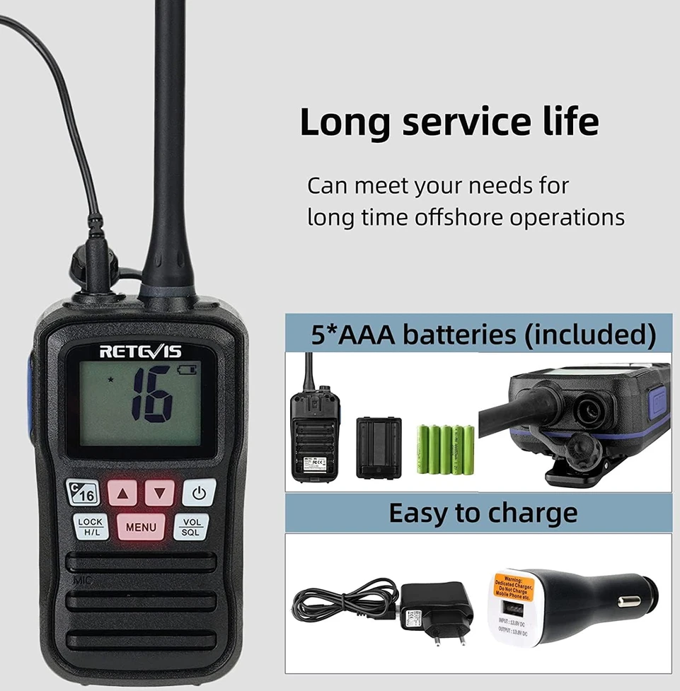 Retevis jūrinė nešiojamoji racija RM01 VHF, 88 kanalai, IP67, EUA9230A