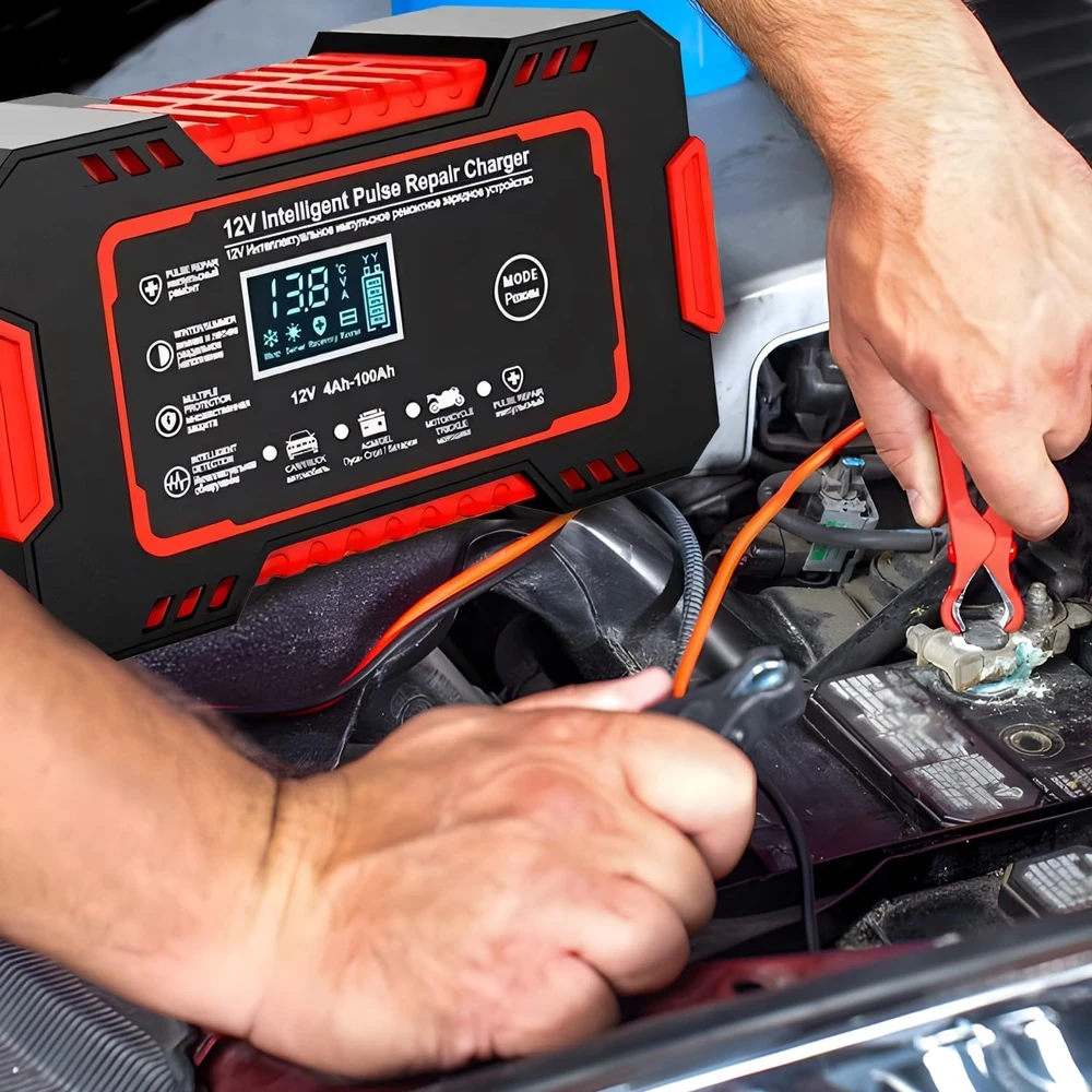 Retoo Prostownik, Automatinis automobilio akumuliatoriaus įkroviklis su remonto funkcija, išmanusis 12 V LCD ekranas - ER1084