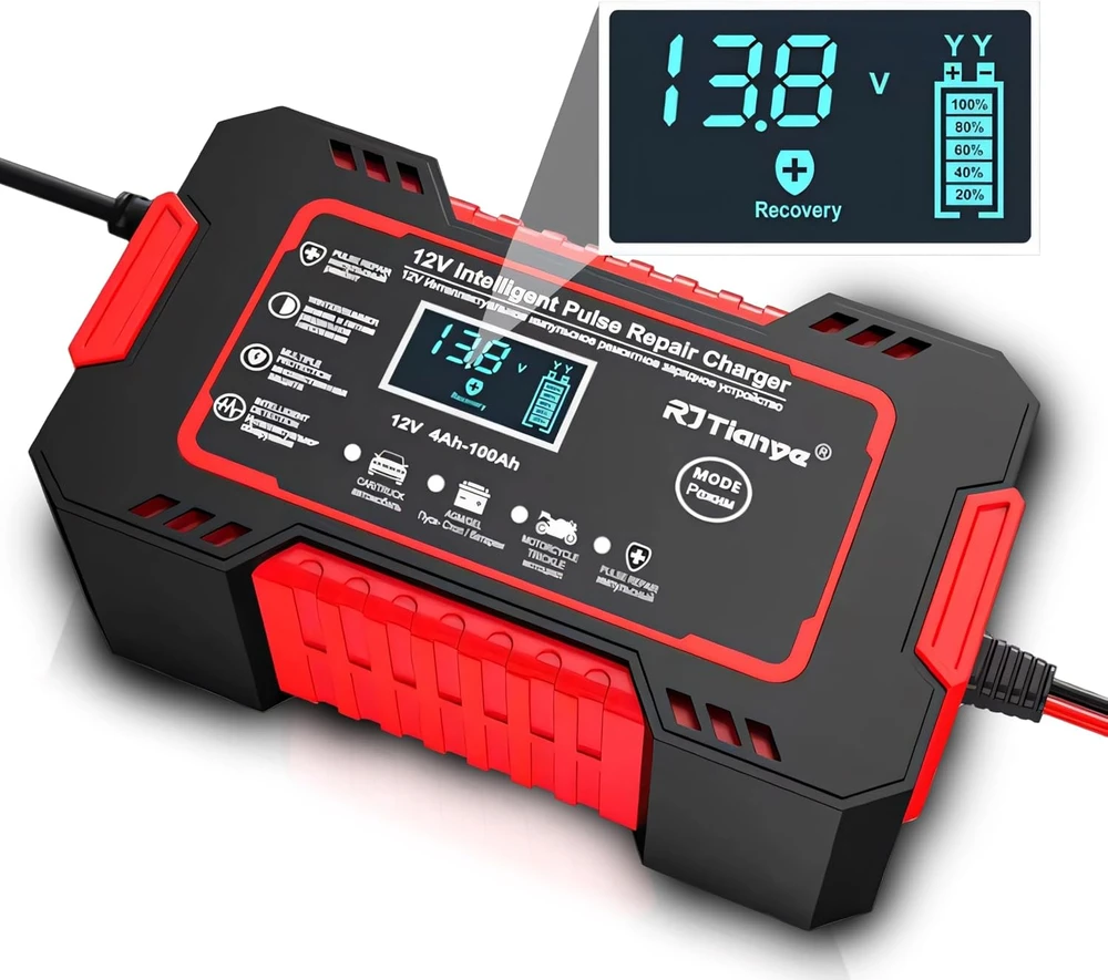 Retoo Prostownik, Automatinis automobilio akumuliatoriaus įkroviklis su remonto funkcija, išmanusis 12 V LCD ekranas - ER1084