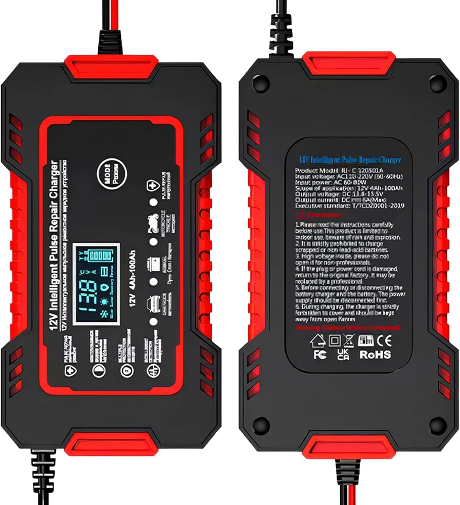 Retoo Prostownik, Automatinis automobilio akumuliatoriaus įkroviklis su remonto funkcija, išmanusis 12 V LCD ekranas - ER1084
