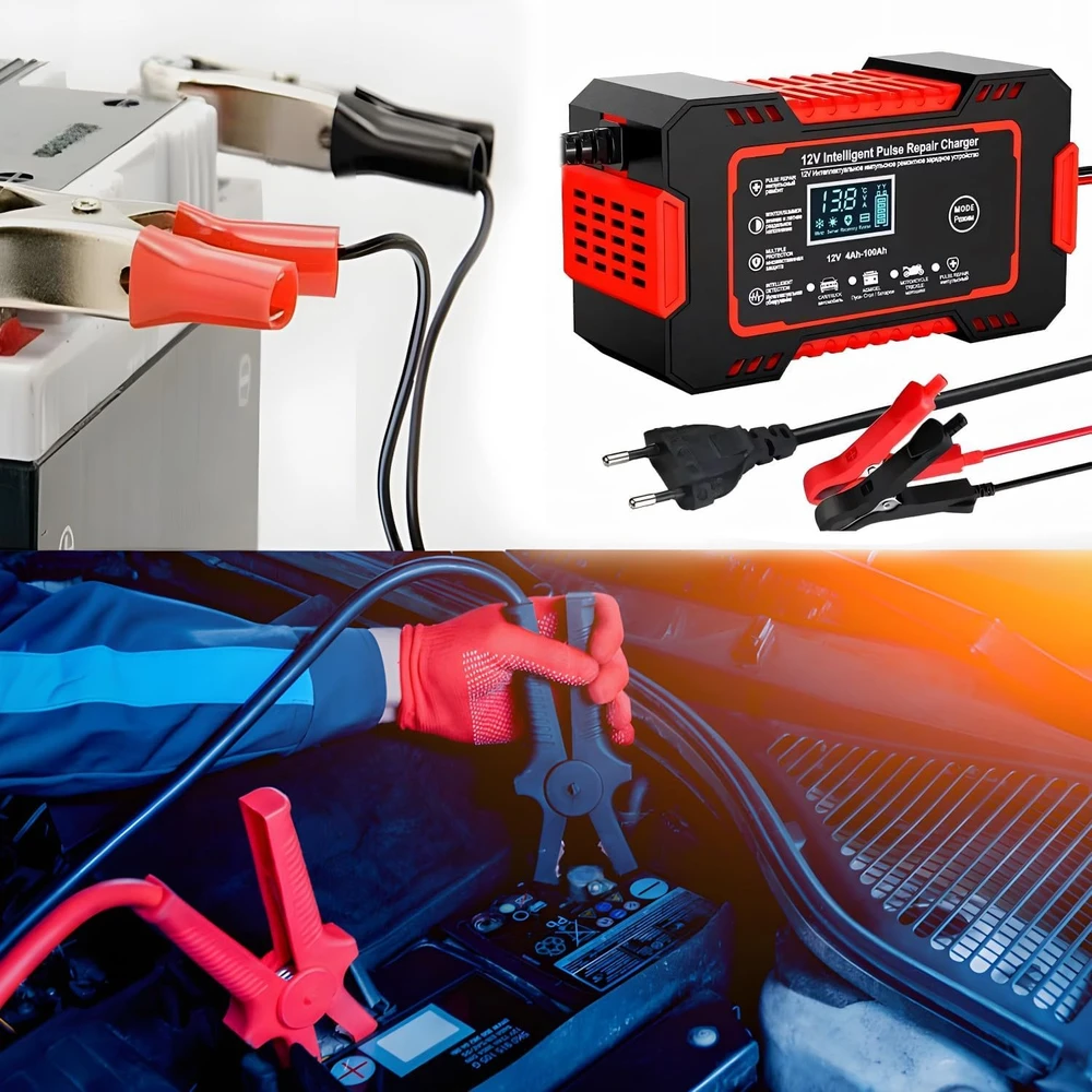 Retoo Prostownik, Automatinis automobilio akumuliatoriaus įkroviklis su remonto funkcija, išmanusis 12 V LCD ekranas - ER1084