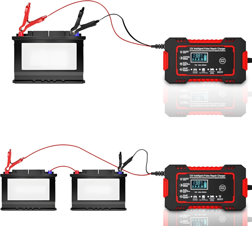 Retoo Prostownik, Automatinis automobilio akumuliatoriaus įkroviklis su remonto funkcija, išmanusis 12 V LCD ekranas - ER1084