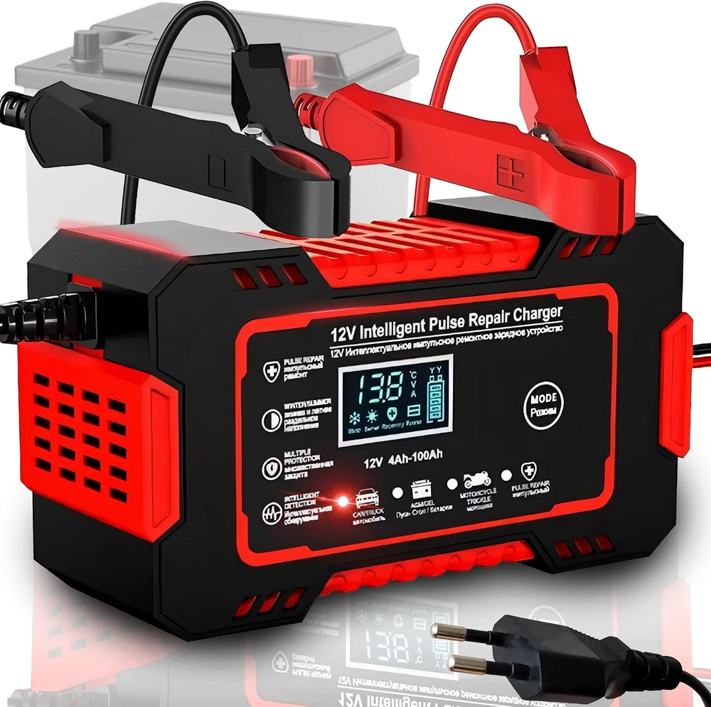 Retoo Prostownik, Automatinis automobilio akumuliatoriaus įkroviklis su remonto funkcija, išmanusis 12 V LCD ekranas - ER1084