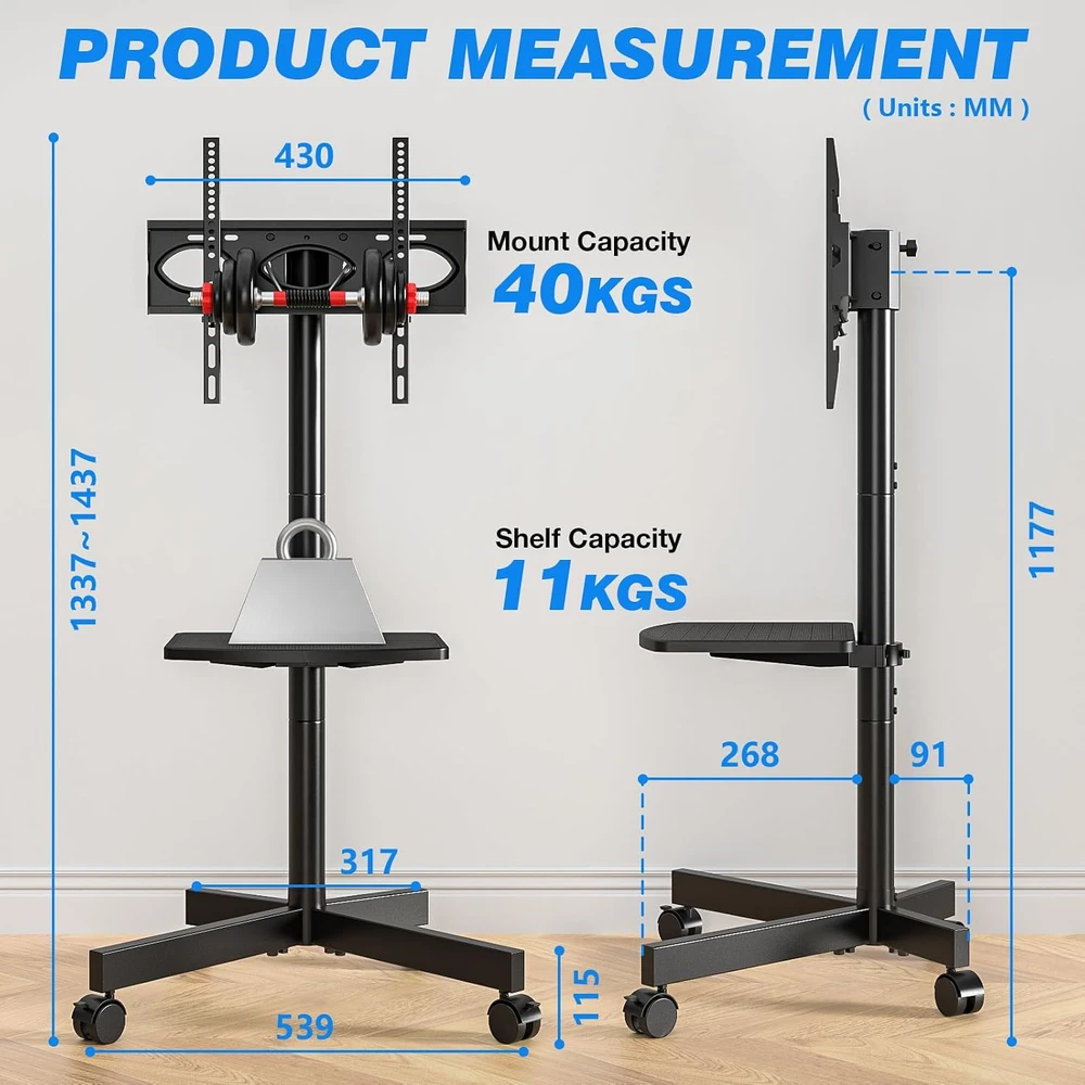 Rfiver mobilus televizoriaus stovas su ratukais 27–60 colių ekranams, VESA 400 × 400 mm, MT2004