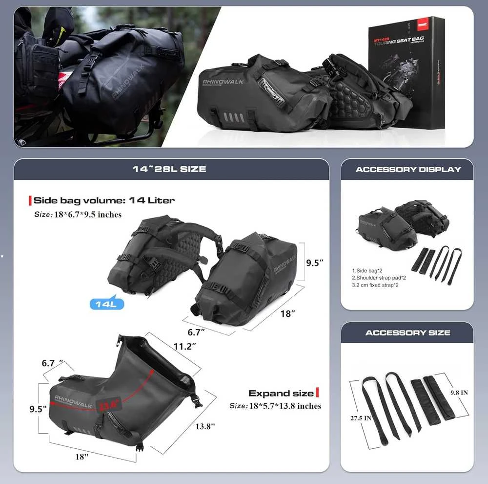 Rhinowalk vandeniui atsparūs 28 l motociklo šoniniai krepšiai iš PVC, modelis MT1428