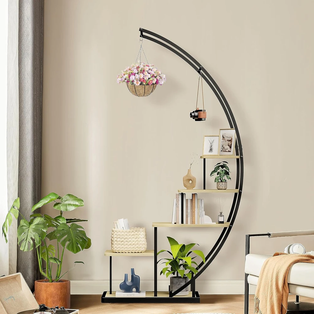 Ribelli metalinis 5 pakopų augalų stovas pusmėnulio formos, 172 cm, su MDF lentynomis ir kabliukais