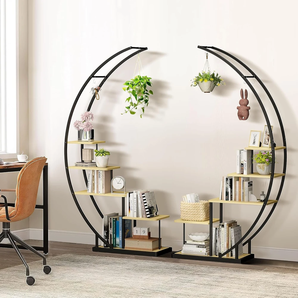 Ribelli metalinis 5 pakopų augalų stovas pusmėnulio formos, 172 cm, su MDF lentynomis ir kabliukais