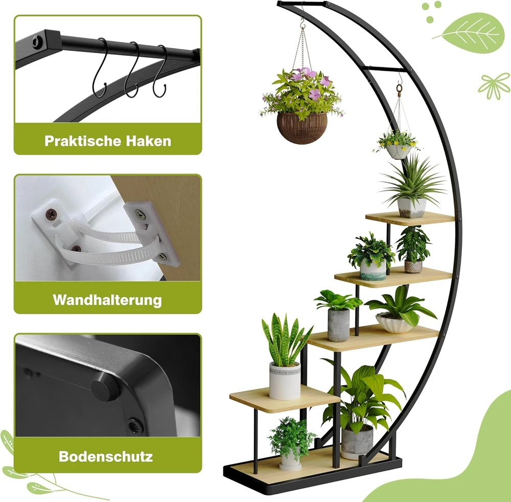 Ribelli metalinis 5 pakopų augalų stovas pusmėnulio formos, 172 cm, su MDF lentynomis ir kabliukais