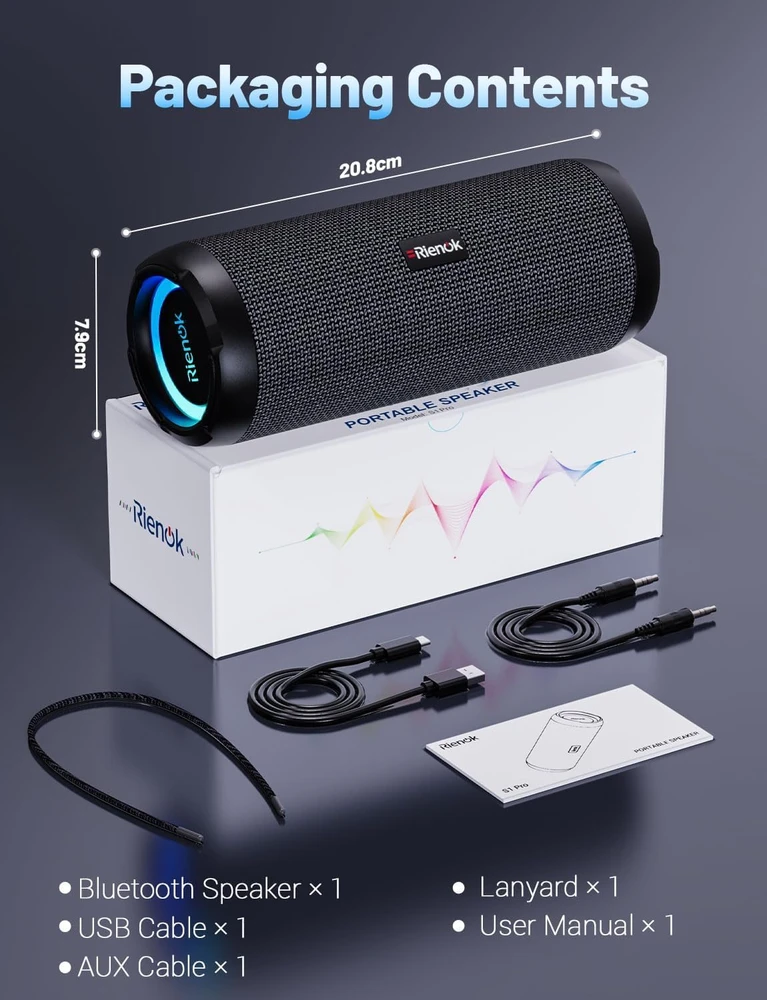 RIENOK belaidė Bluetooth kolonėlė 30 W su žemais dažniais, IPX7, RGB apšvietimas, S1 mini