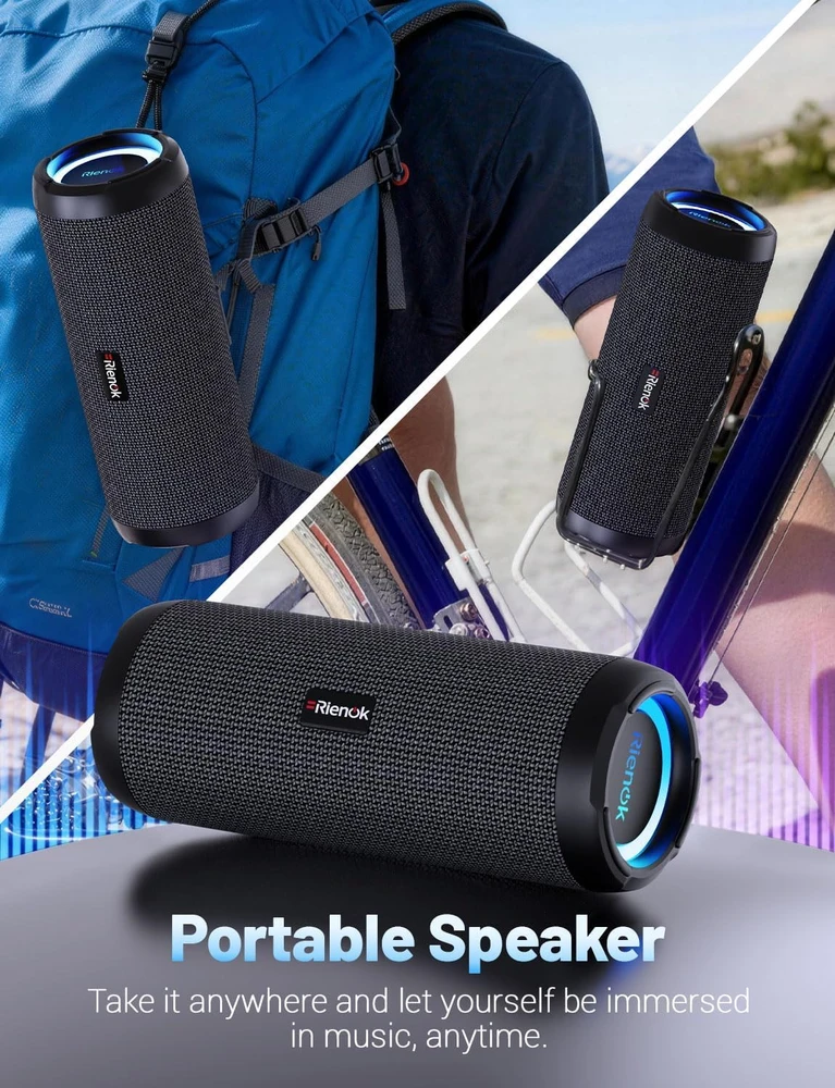 RIENOK belaidė Bluetooth kolonėlė 30 W su žemais dažniais, IPX7, RGB apšvietimas, S1 mini