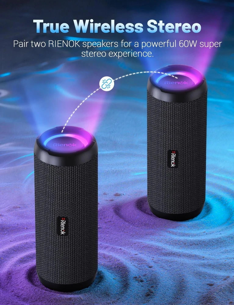 RIENOK belaidė Bluetooth kolonėlė 30 W su žemais dažniais, IPX7, RGB apšvietimas, S1 mini