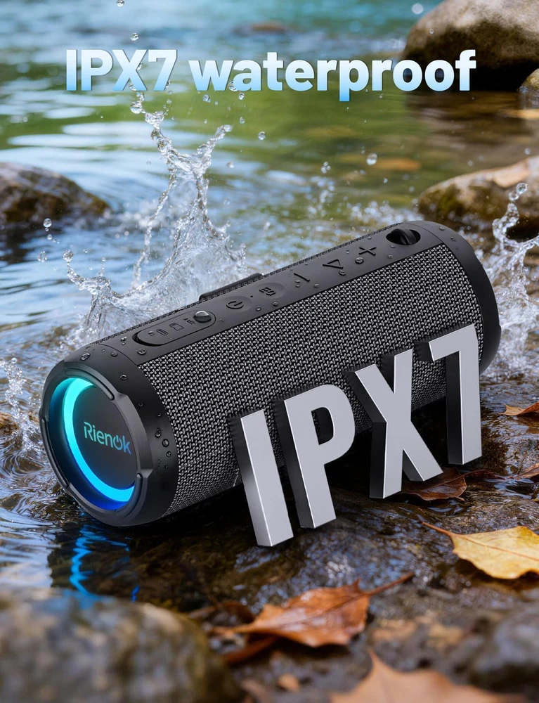 RIENOK belaidė Bluetooth kolonėlė 30 W su žemais dažniais, IPX7, RGB apšvietimas, S1 mini