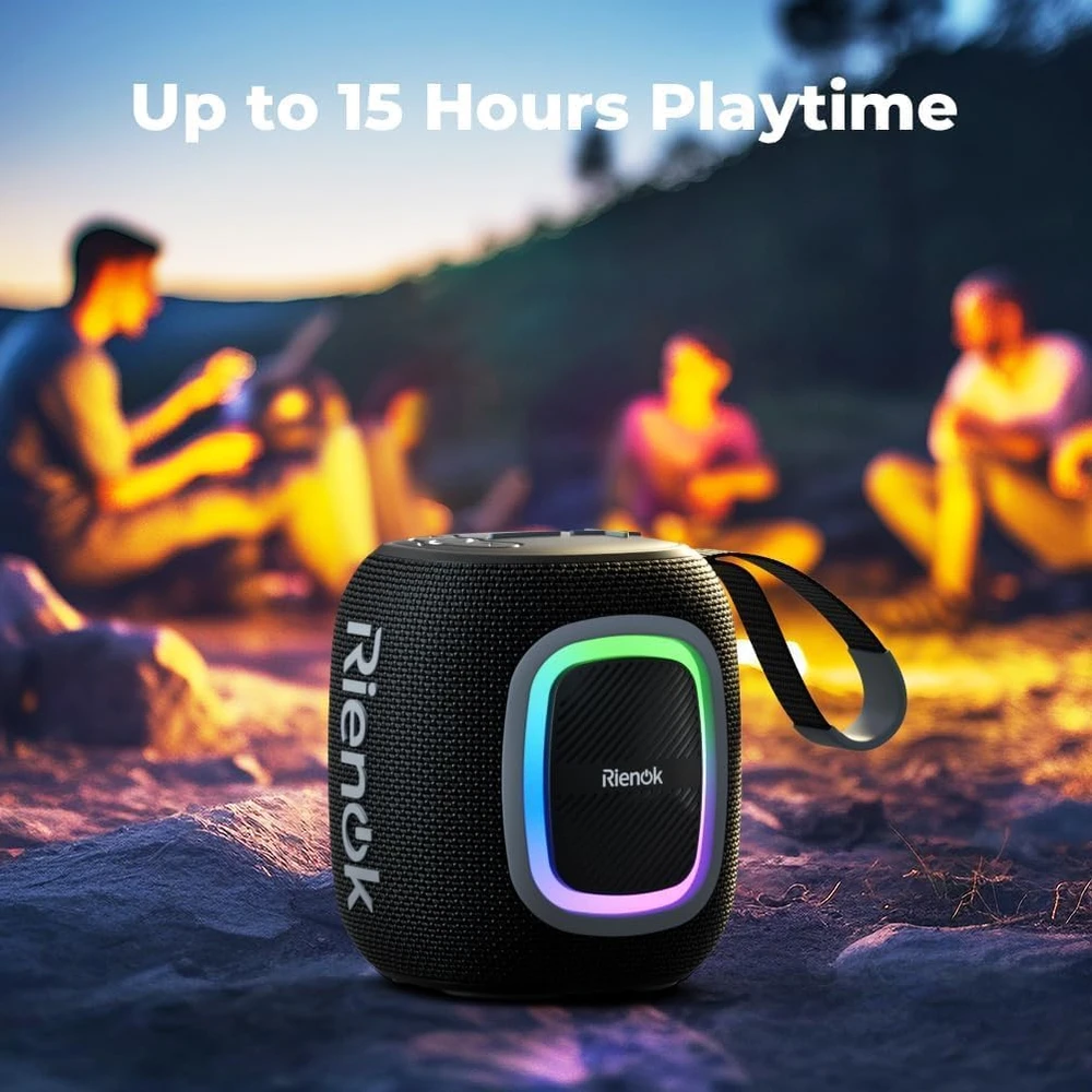 RIENOK belaidė nešiojama Bluetooth kolonėlė su FM radiju, IPX5 atsparumu vandeniui, 15 val. veikimu, RGB apšvietimu, Bluetooth 5.3, S2