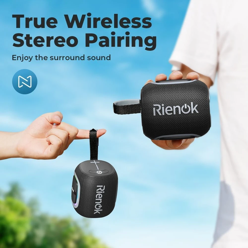 RIENOK belaidė nešiojama Bluetooth kolonėlė su FM radiju, IPX5 atsparumu vandeniui, 15 val. veikimu, RGB apšvietimu, Bluetooth 5.3, S2