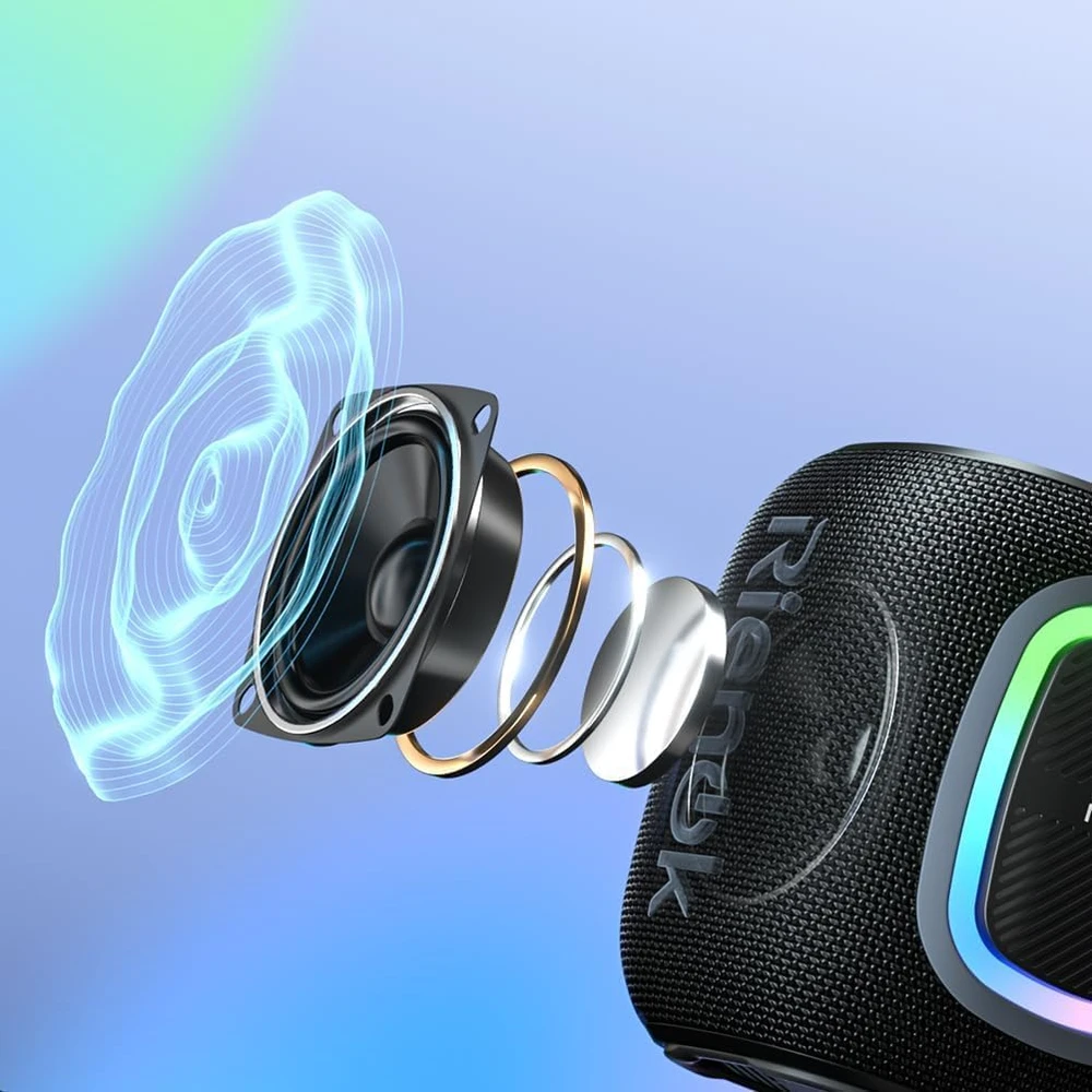 RIENOK belaidė nešiojama Bluetooth kolonėlė su FM radiju, IPX5 atsparumu vandeniui, 15 val. veikimu, RGB apšvietimu, Bluetooth 5.3, S2