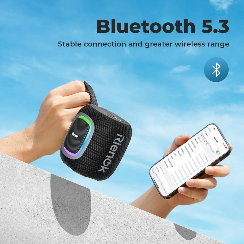 RIENOK belaidė nešiojama Bluetooth kolonėlė su FM radiju, IPX5 atsparumu vandeniui, 15 val. veikimu, RGB apšvietimu, Bluetooth 5.3, S2