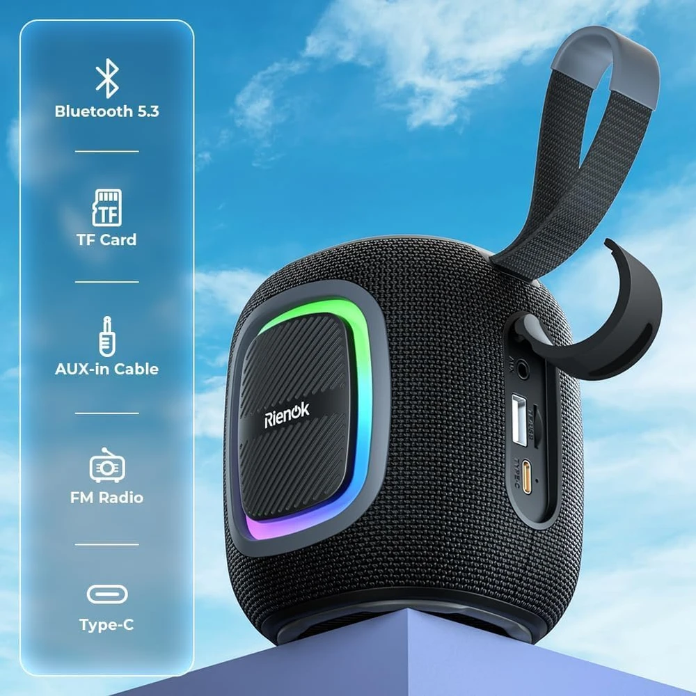 RIENOK belaidė nešiojama Bluetooth kolonėlė su FM radiju, IPX5 atsparumu vandeniui, 15 val. veikimu, RGB apšvietimu, Bluetooth 5.3, S2