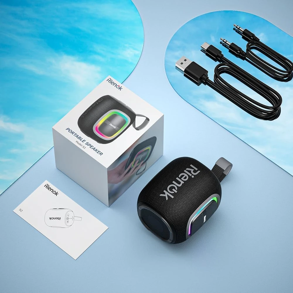 RIENOK belaidė nešiojama Bluetooth kolonėlė su FM radiju, IPX5 atsparumu vandeniui, 15 val. veikimu, RGB apšvietimu, Bluetooth 5.3, S2