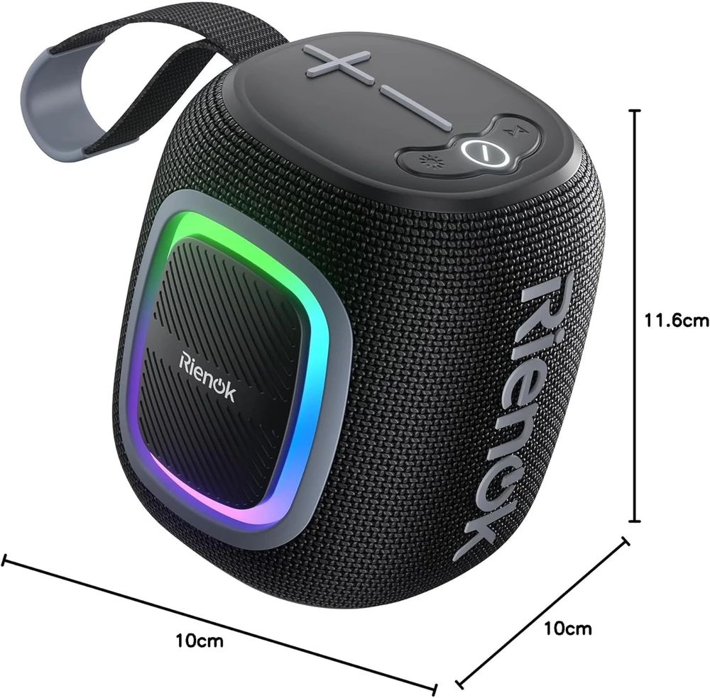 RIENOK belaidė nešiojama Bluetooth kolonėlė su FM radiju, IPX5 atsparumu vandeniui, 15 val. veikimu, RGB apšvietimu, Bluetooth 5.3, S2