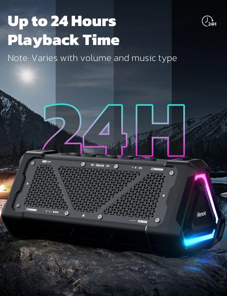 RIENOK nešiojamas Bluetooth garsiakalbis 30 W, IPX7 atsparus vandeniui, EQ, su LED apšvietimu, S11