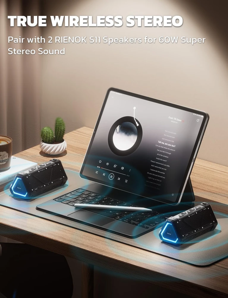 RIENOK nešiojamas Bluetooth garsiakalbis 30 W, IPX7 atsparus vandeniui, EQ, su LED apšvietimu, S11