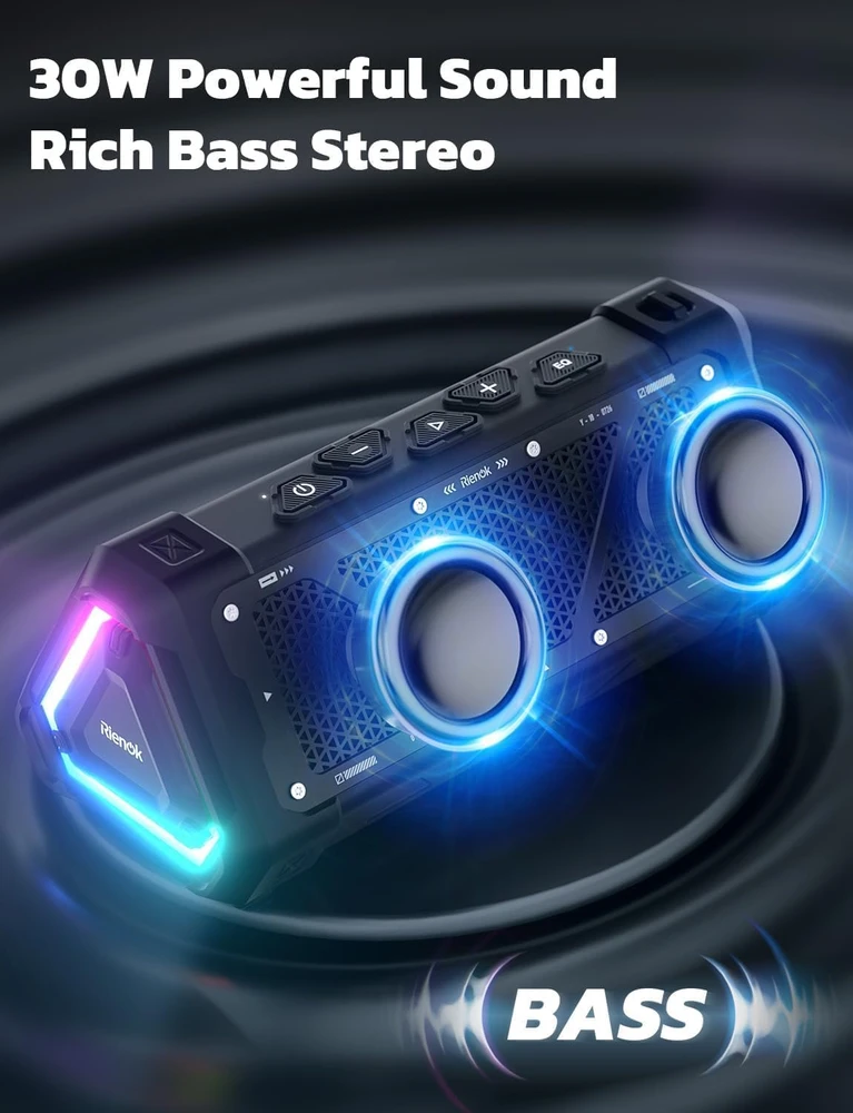 RIENOK nešiojamas Bluetooth garsiakalbis 30 W, IPX7 atsparus vandeniui, EQ, su LED apšvietimu, S11
