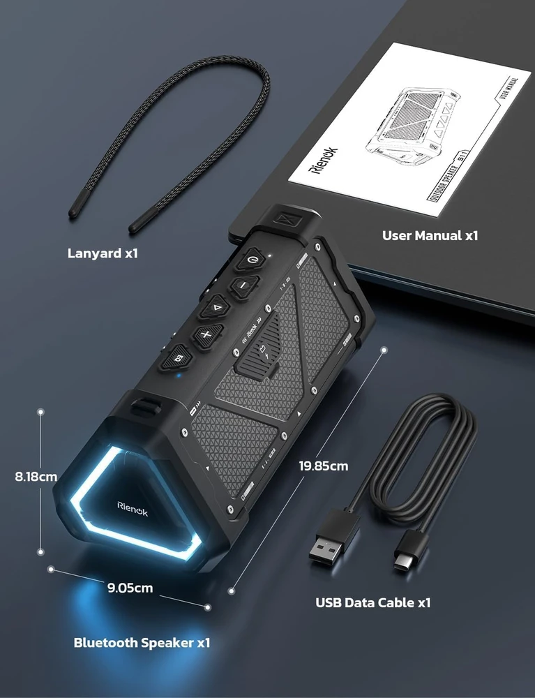 RIENOK nešiojamas Bluetooth garsiakalbis 30 W, IPX7 atsparus vandeniui, EQ, su LED apšvietimu, S11