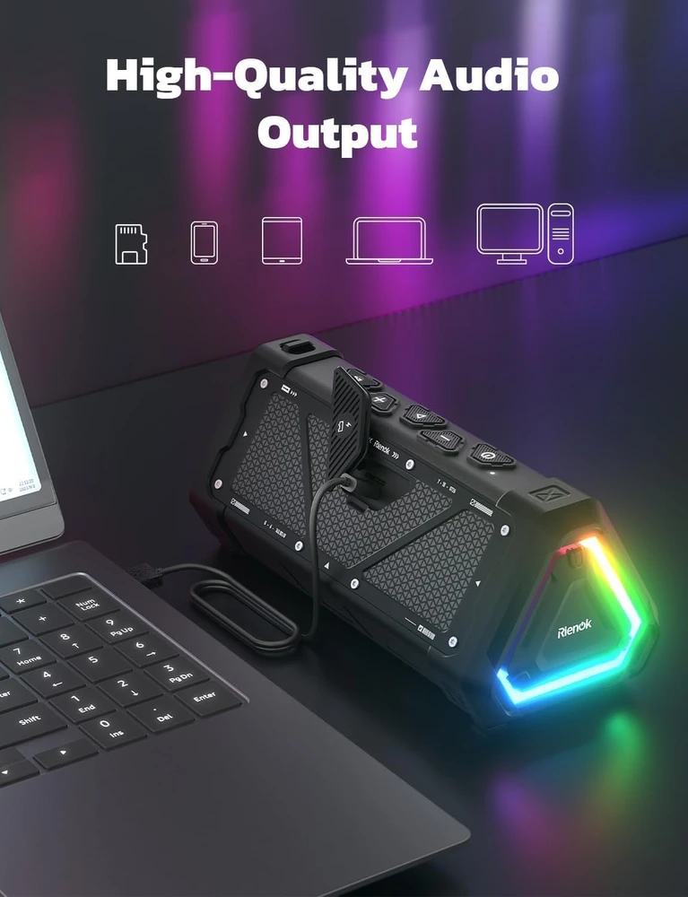 RIENOK nešiojamas Bluetooth garsiakalbis 30 W, IPX7 atsparus vandeniui, EQ, su LED apšvietimu, S11