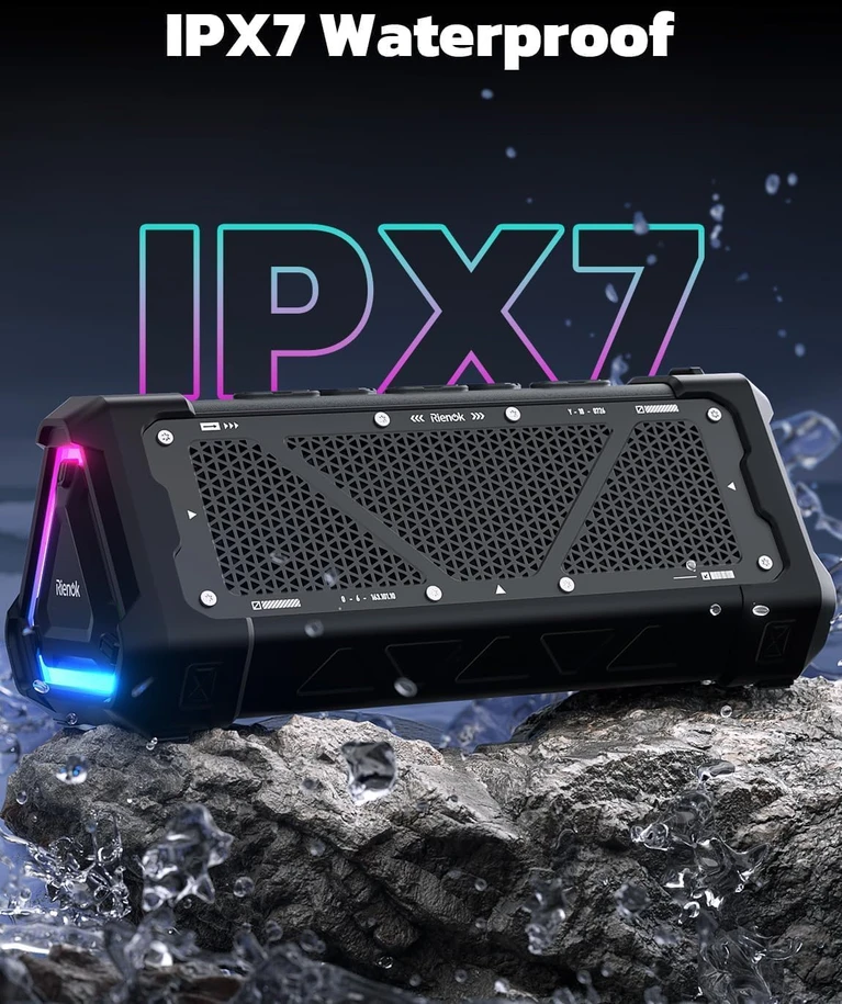RIENOK nešiojamas Bluetooth garsiakalbis 30 W, IPX7 atsparus vandeniui, EQ, su LED apšvietimu, S11