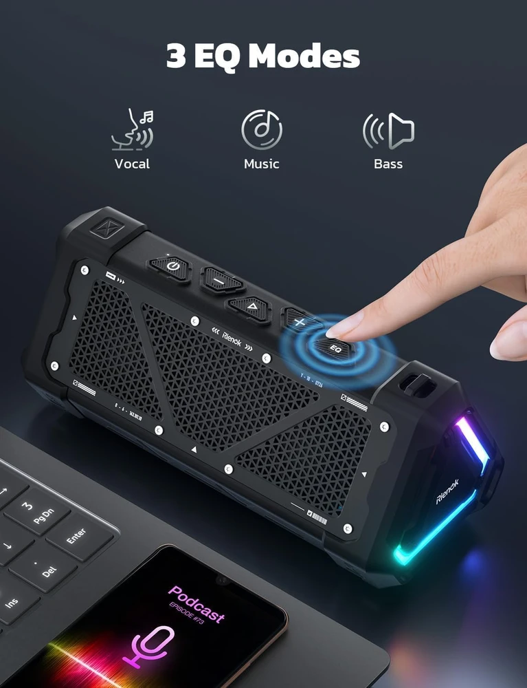 RIENOK nešiojamas Bluetooth garsiakalbis 30 W, IPX7 atsparus vandeniui, EQ, su LED apšvietimu, S11