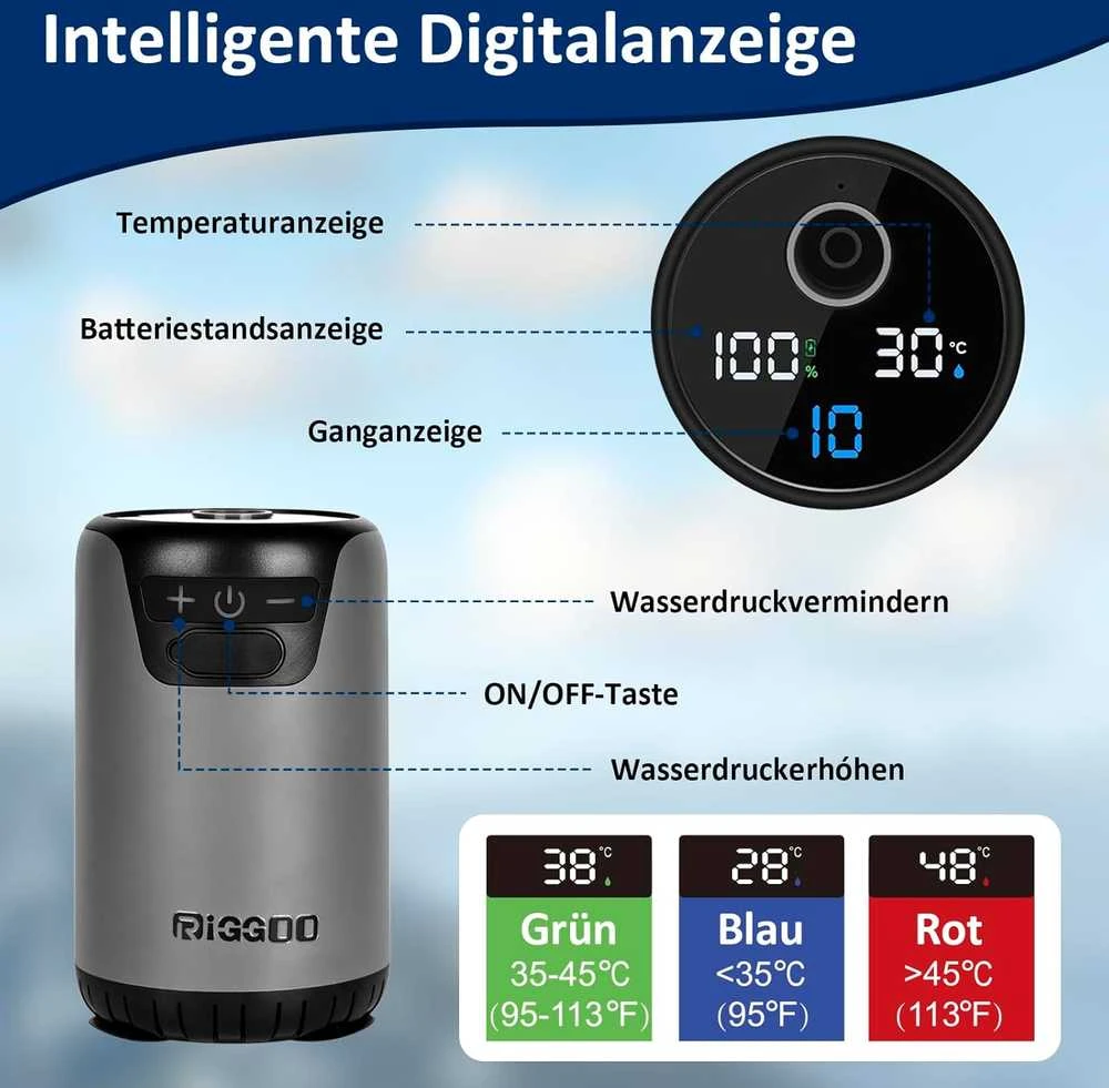 Riggoo nešiojamas dušo rinkinys su 8000 mAh akumuliatoriumi, LED ekranu, 2 m žarna, IPX8