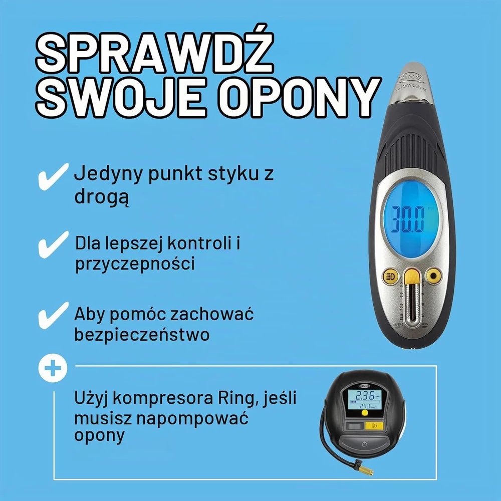 Ring skaitmeninis padangų slėgio matuoklis su protektoriaus gylio matuokliu ir LED RTG6