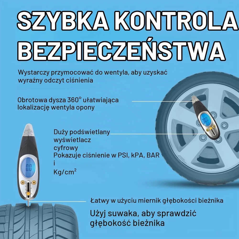 Ring skaitmeninis padangų slėgio matuoklis su protektoriaus gylio matuokliu ir LED RTG6
