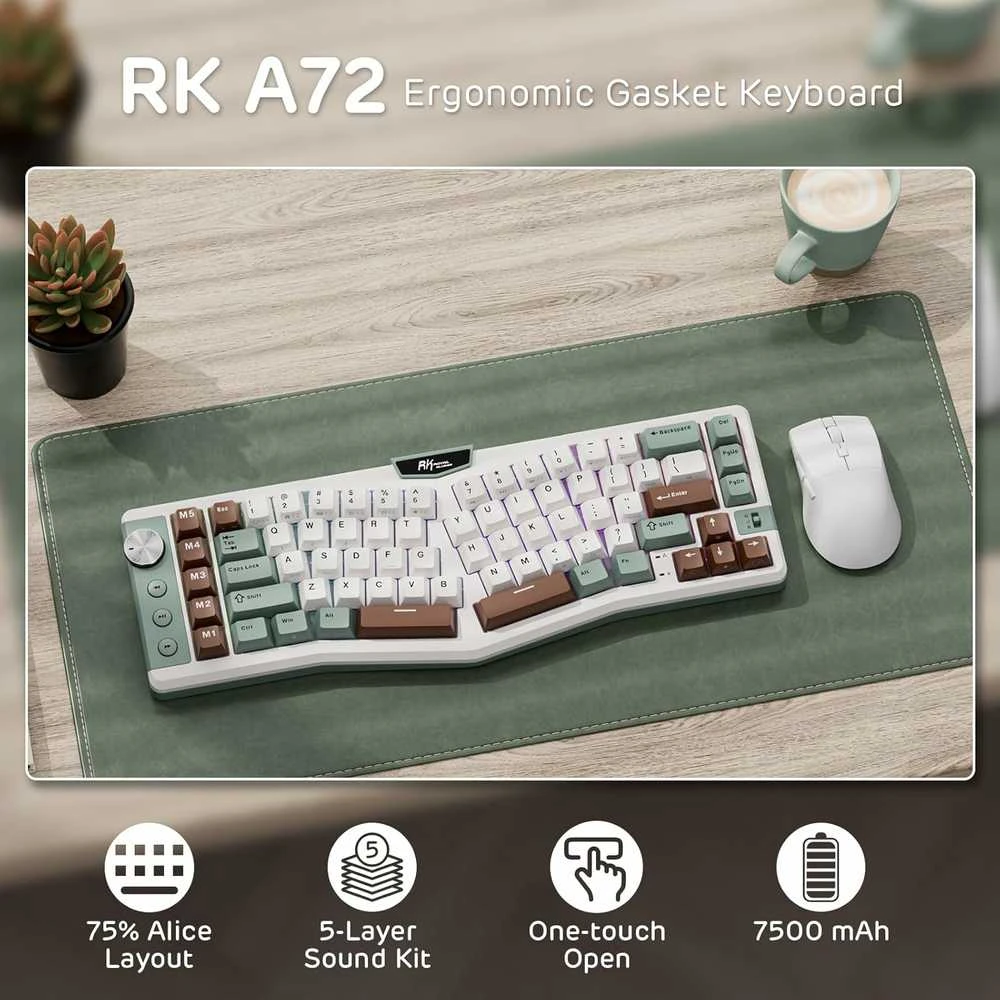 RK ROYAL KLUDGE A72 ergonomiška belaidė mechaninė klaviatūra, QWERTY, 68 % Alice, 72 klavišai, 7500 mAh